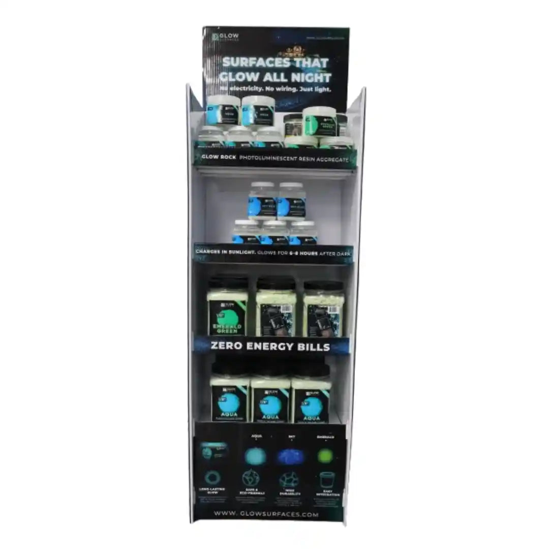 Empty Glow Rock 4-shelf retail display stand showing printed header, shelf messages and branded base panel